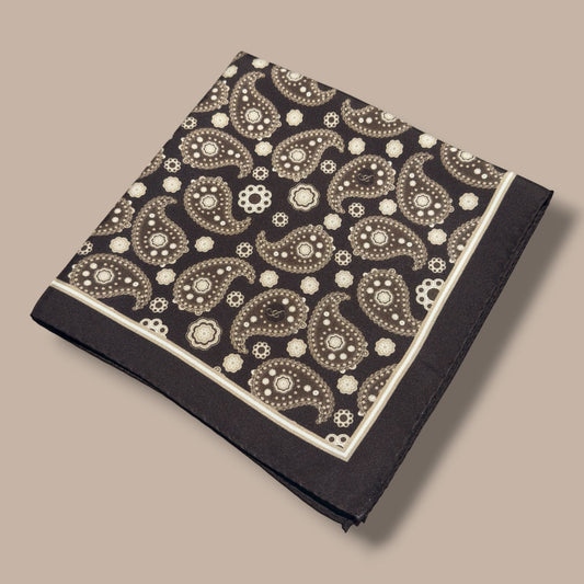 SILK& dark brown silk twill bandana with a classic paisley pattern in beige and white. Hand-stitched Italian craftsmanship.