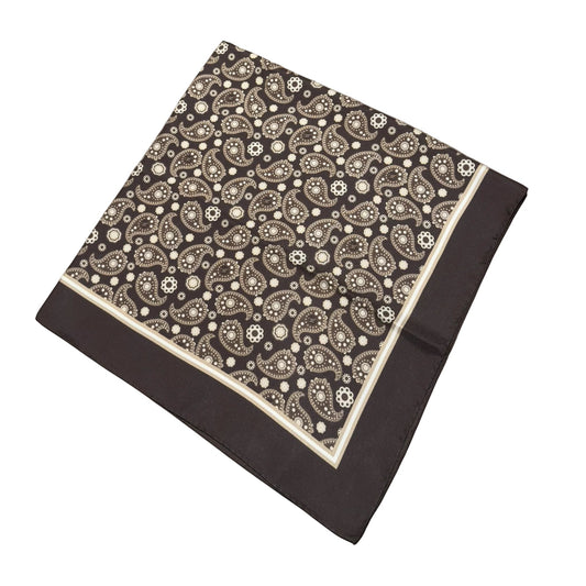 SILK& paisley print silk twill bandana in brown and cream, 45x45cm, hand-stitched in Italy.